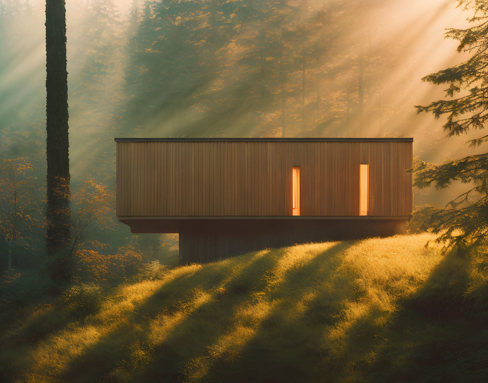 Stilted modern cabin in forest with golden sunlight and lush grass