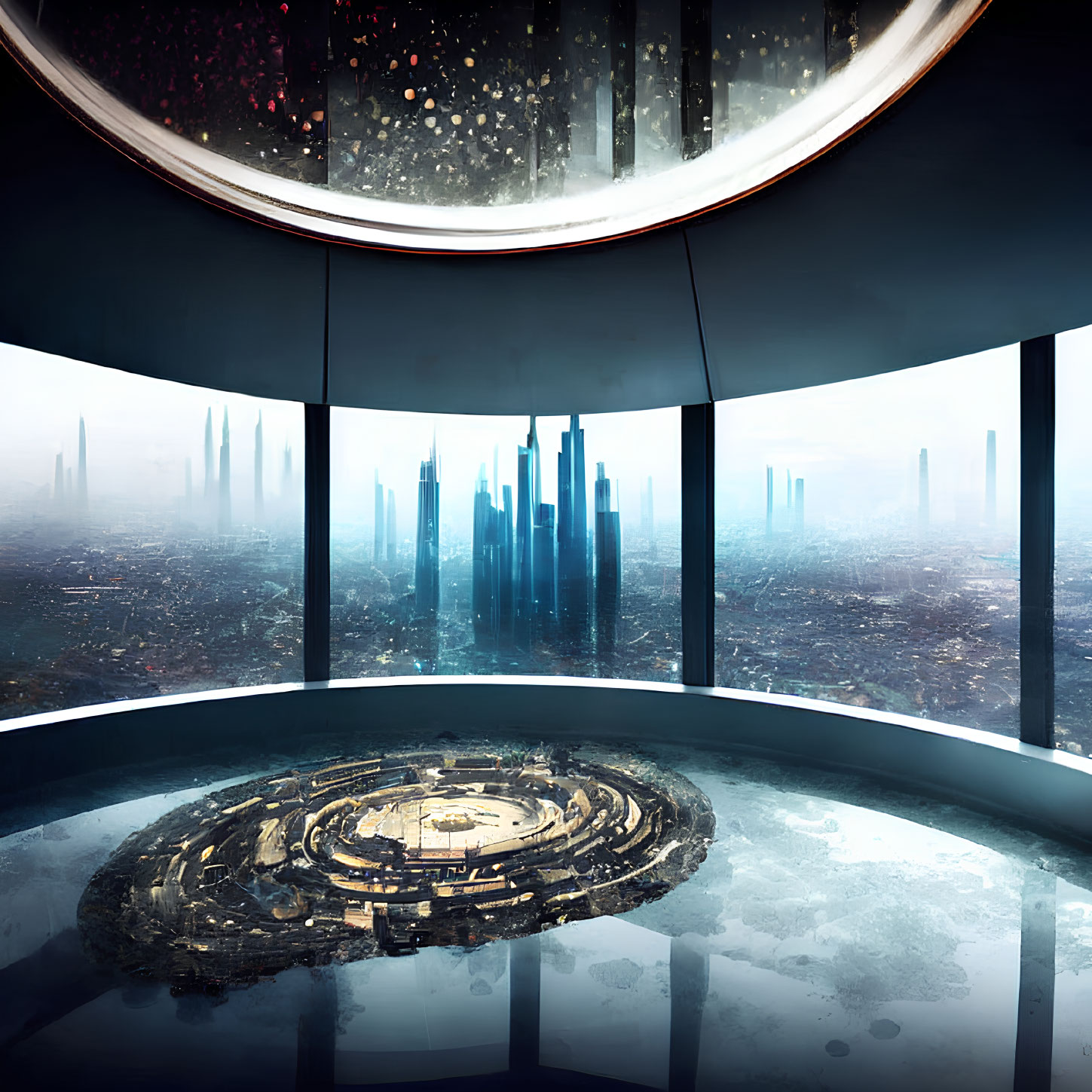 Circular window observation deck offers futuristic cityscape view