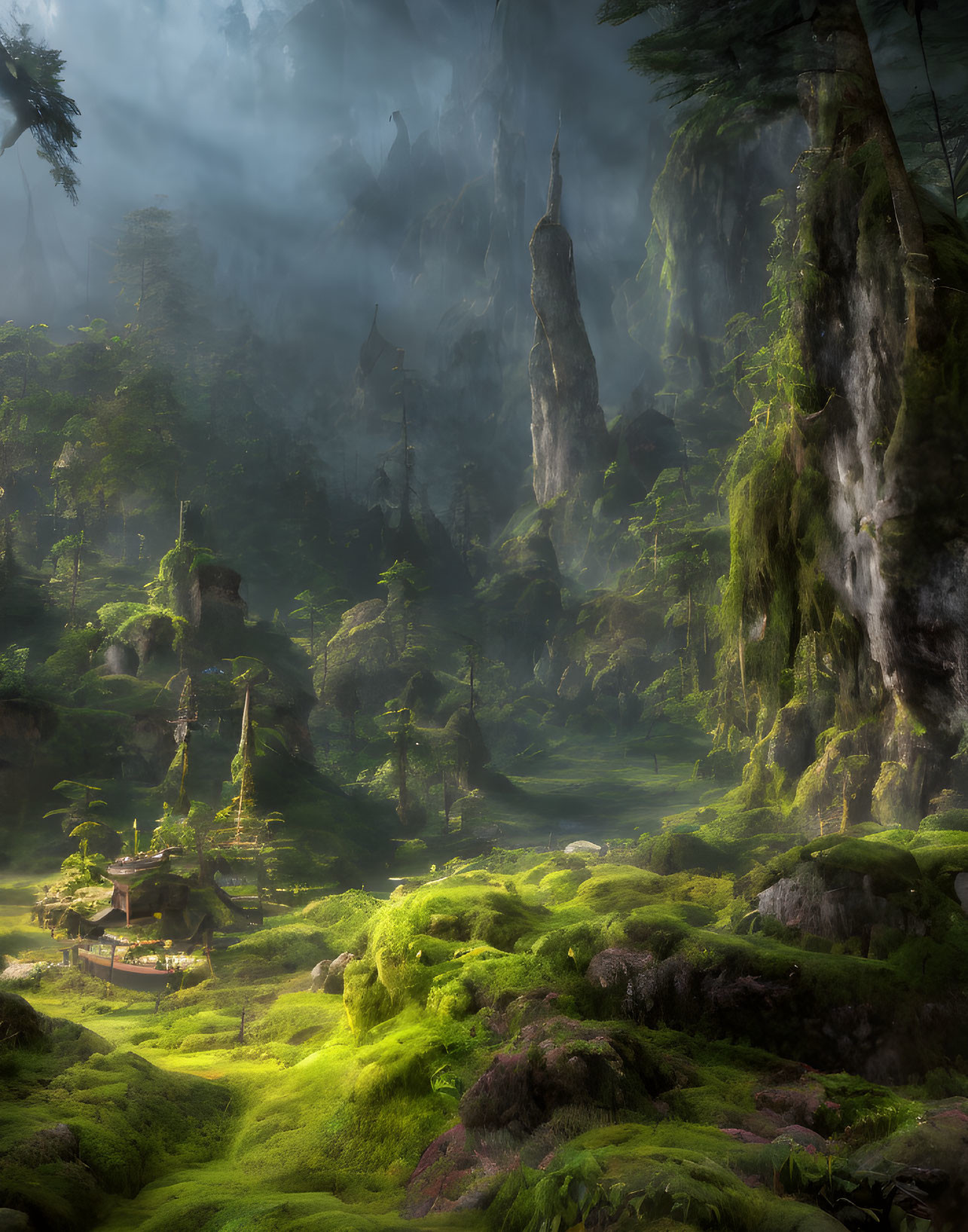 Misty forest with tall rocks, moss, stream, and Asian-style building