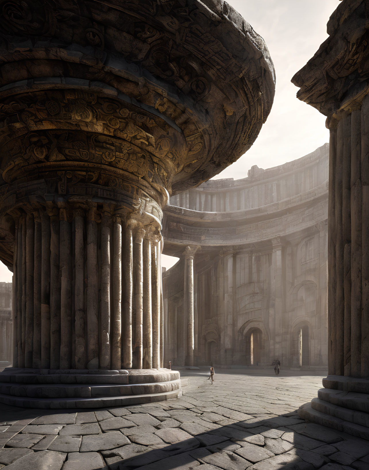 Ancient Roman-style structure with towering columns and intricate carvings in soft sunlight.