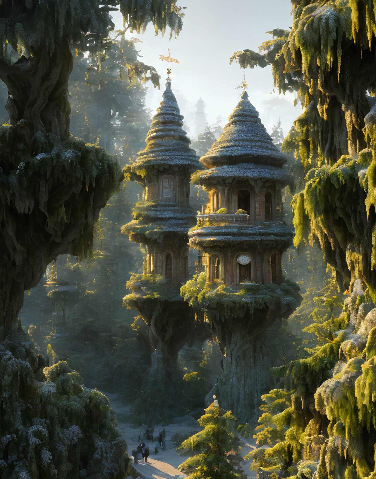 Enchanted forest scene with ancient moss-covered towers and stone bridge