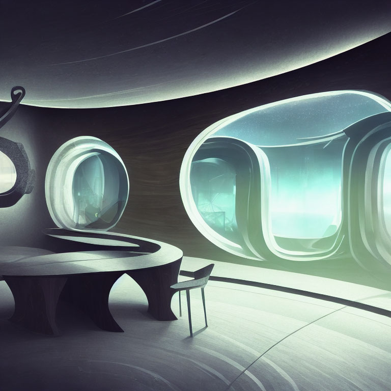 Sleek, Curving Lines in Futuristic Interior with Translucent Pods