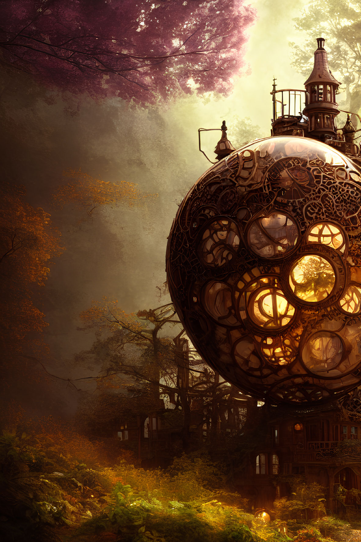 Intricate Steampunk Sphere in Mystical Forest