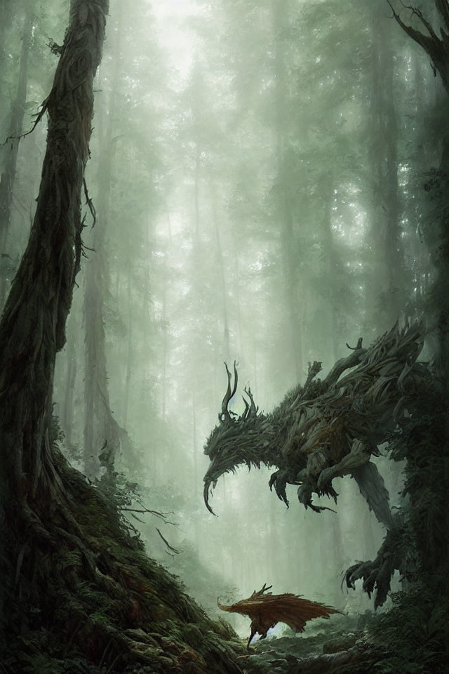 Mystical forest scene with towering trees and a wooden dragon