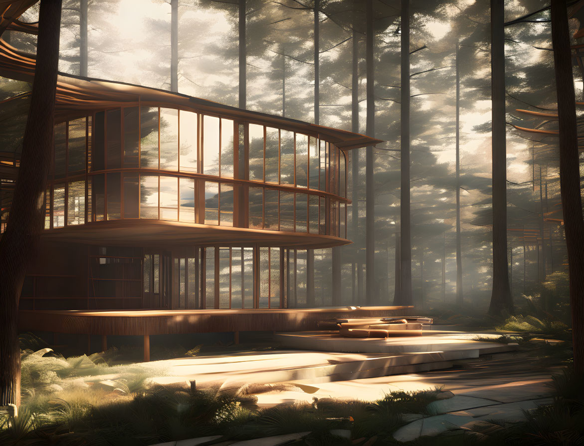 Glass-walled house in misty forest with sunlight streaming through trees