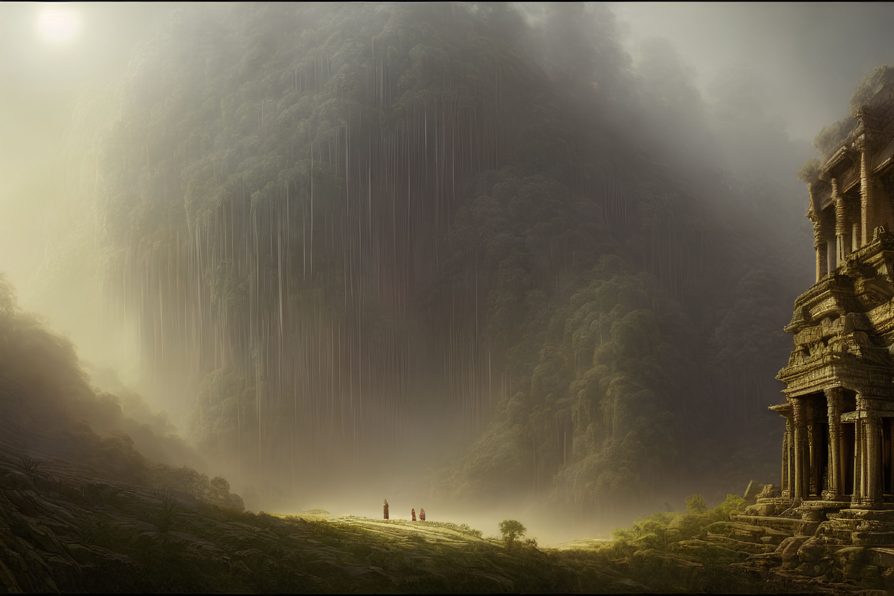 Ancient temple in foggy mountain landscape with two figures