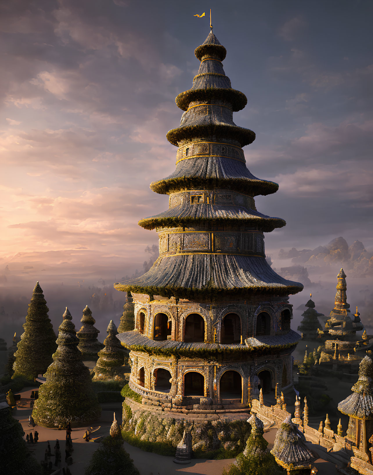 Ancient multi-tiered pagoda in serene natural setting