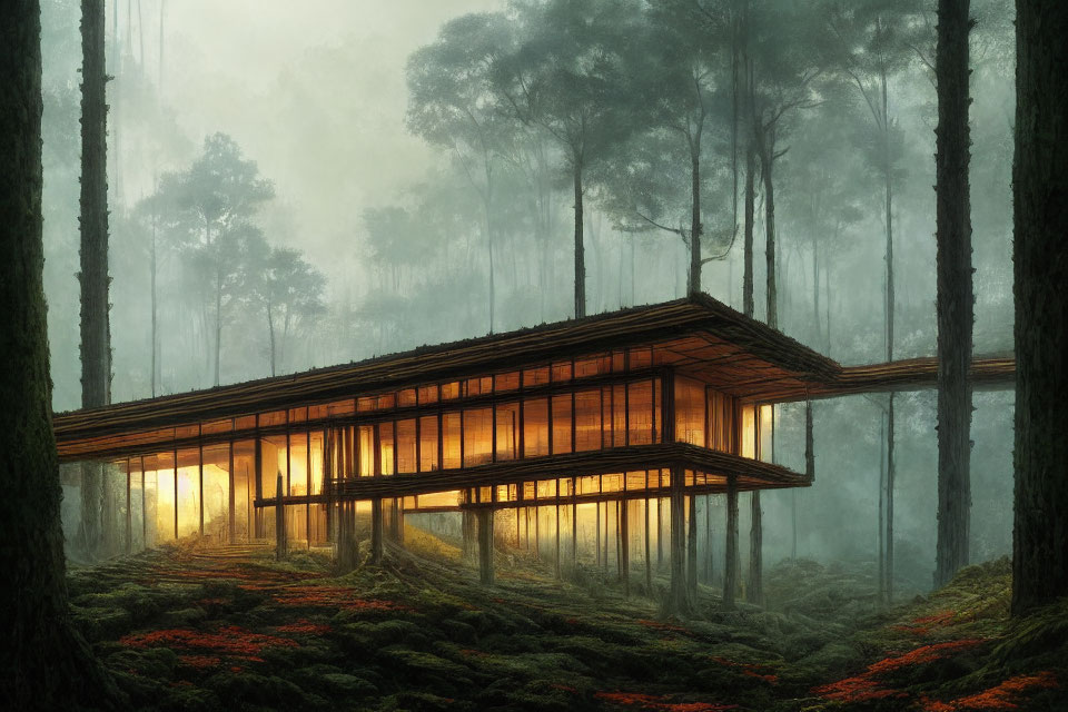 Tranquil Wooden House in Misty Forest with Towering Trees