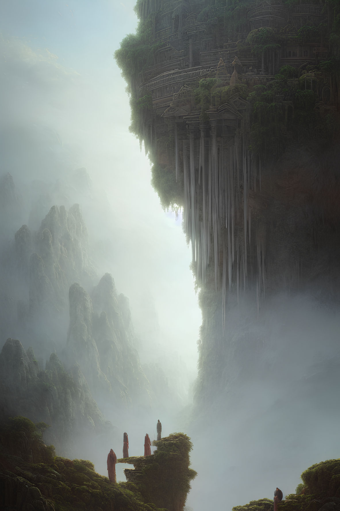 Towering structures of ancient floating city over misty abyss with figures on grassy outcrop