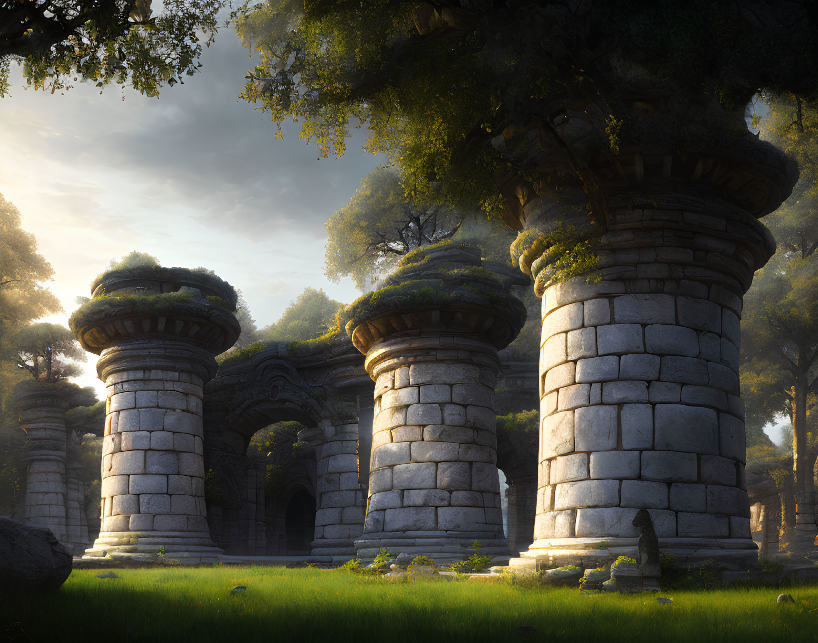 Serene forest scene: ancient stone ruins with overgrown foliage