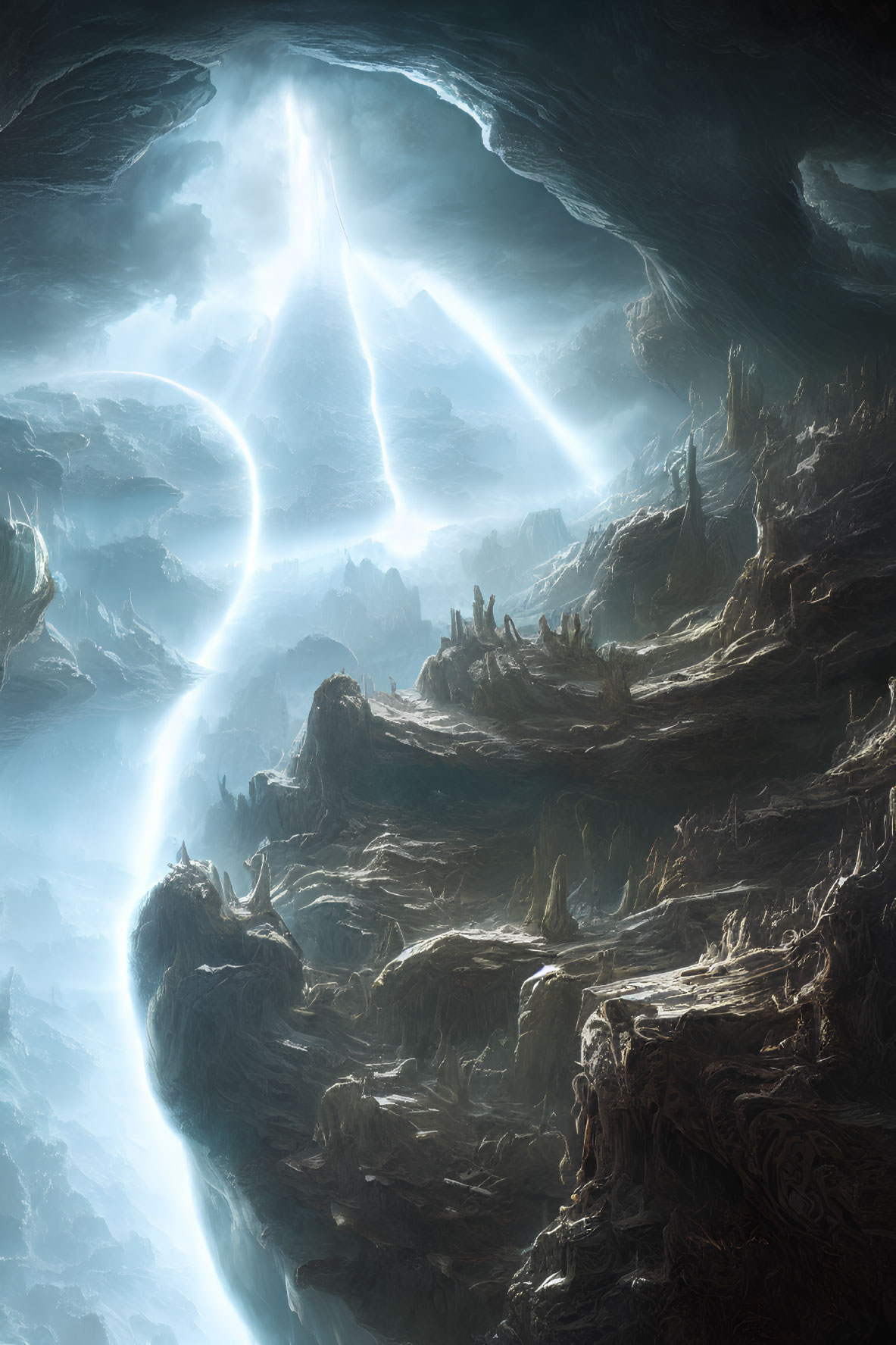 Mystical cavernous landscape with beams of light and rocky terrains