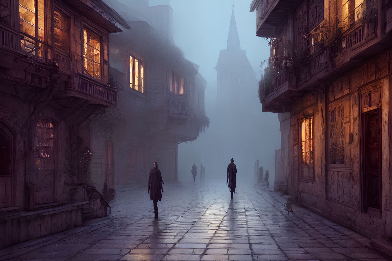 Misty cobblestone street with old wooden buildings and church spire.