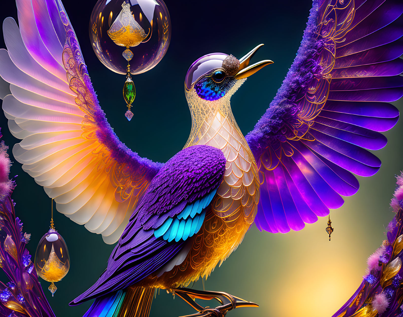 Colorful Digital Artwork: Stylized Hummingbird with Iridescent Feathers