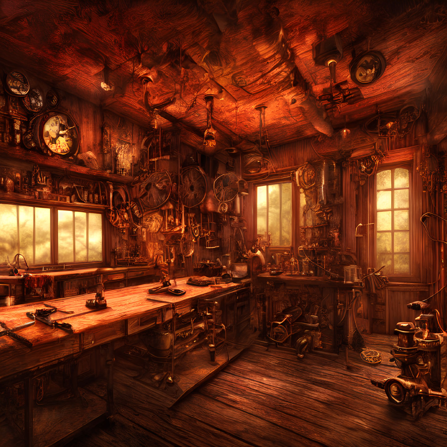 Dimly Lit Steampunk Workshop with Gears and Clocks