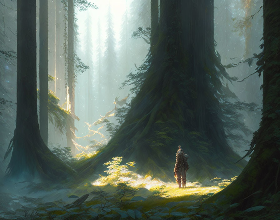 Figure in Sunlit Forest Clearing Surrounded by Tall Trees