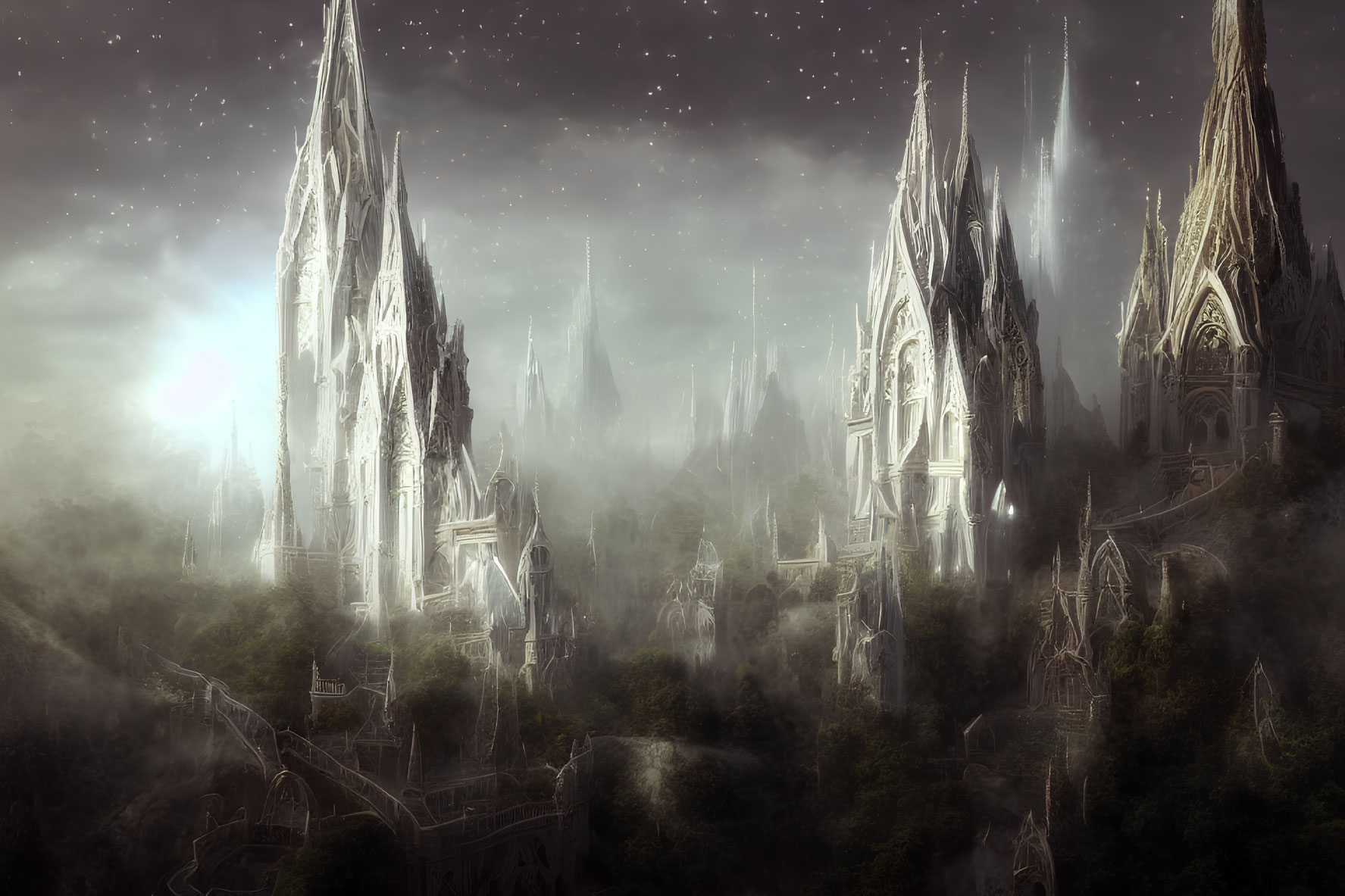 Gothic Fantasy Architecture in Misty Forest with Towering Spires