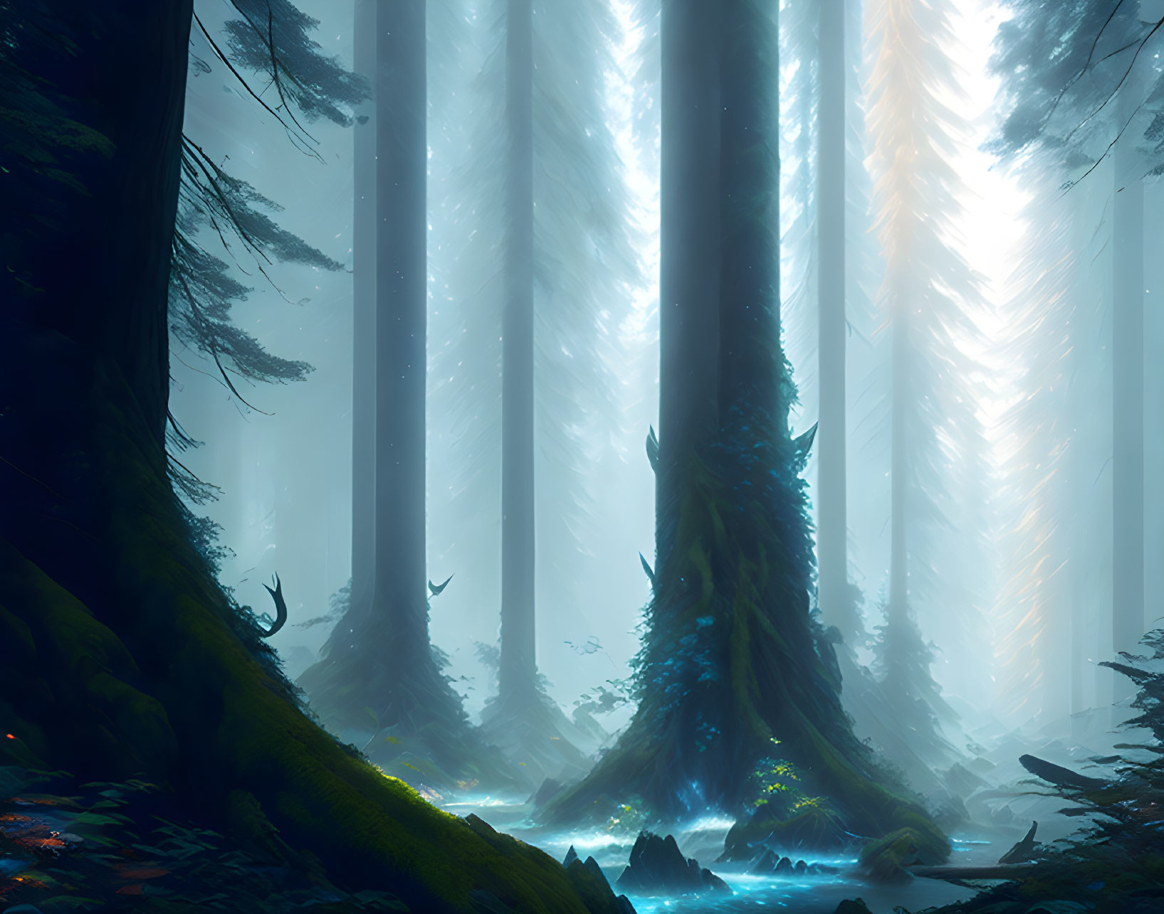 Enchanting forest scene: tall trees, sunbeams, mystical blue glow.