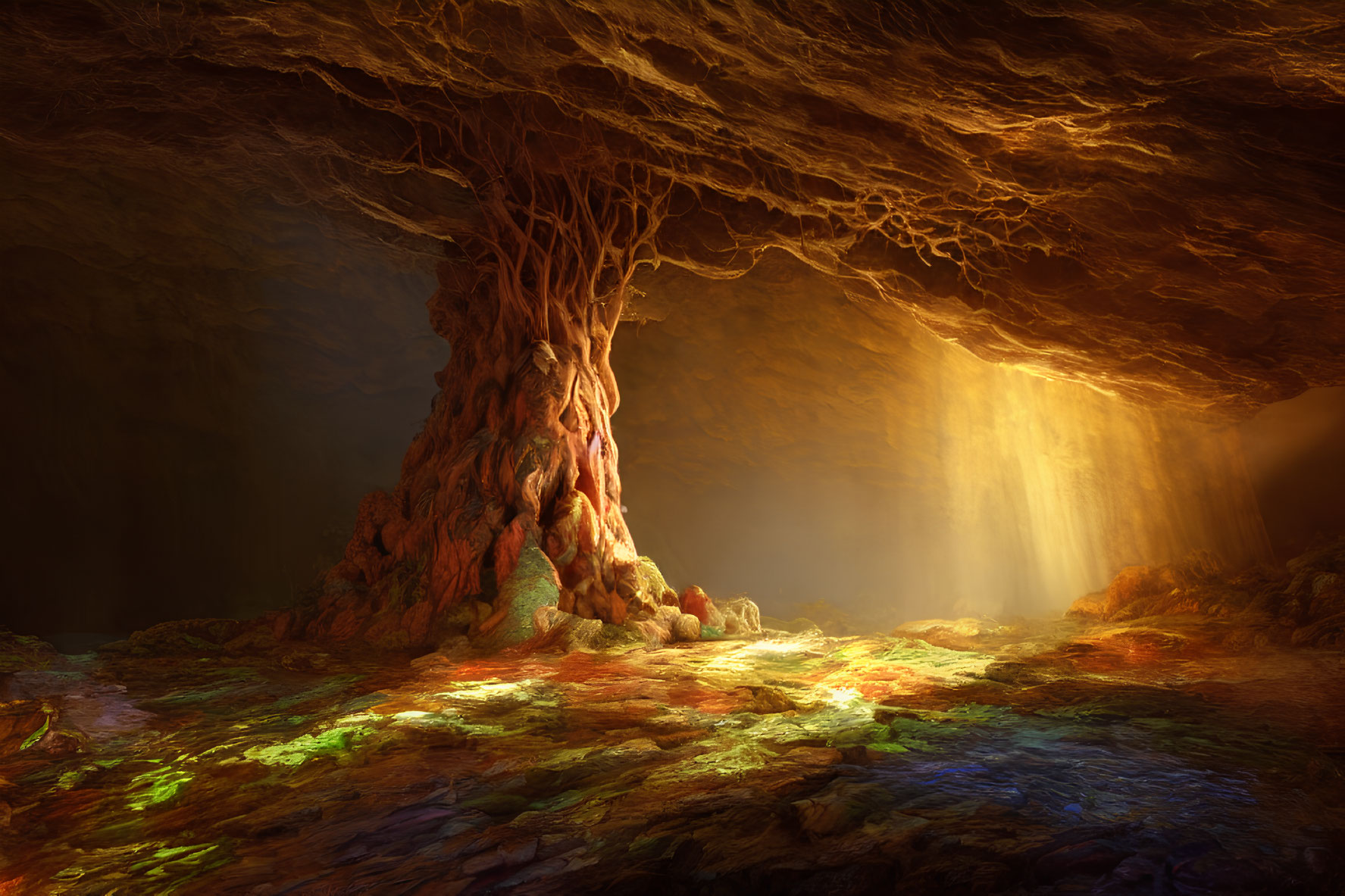 Majestic tree with sprawling roots in cavern bathed in warm sunlight