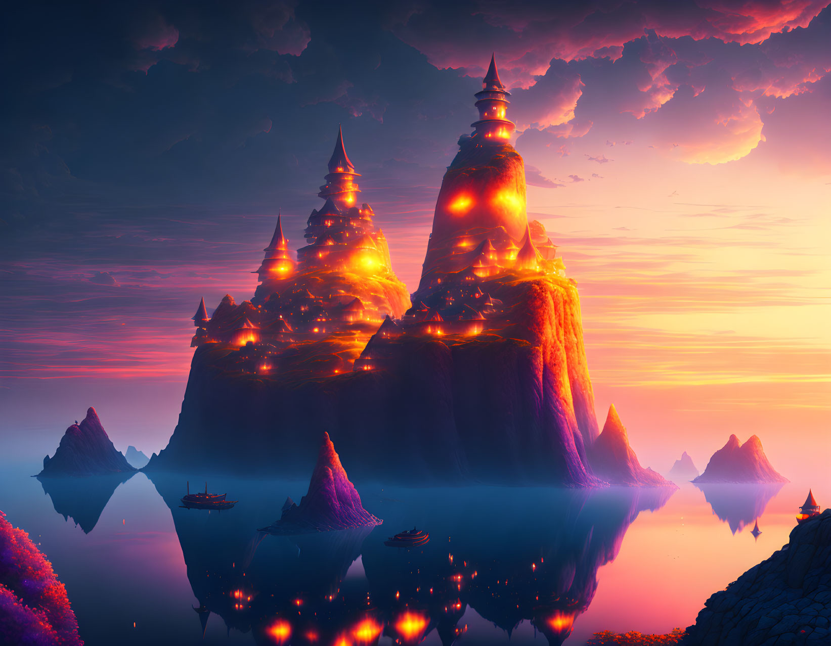 Fantastical landscape with glowing castle on floating island at twilight