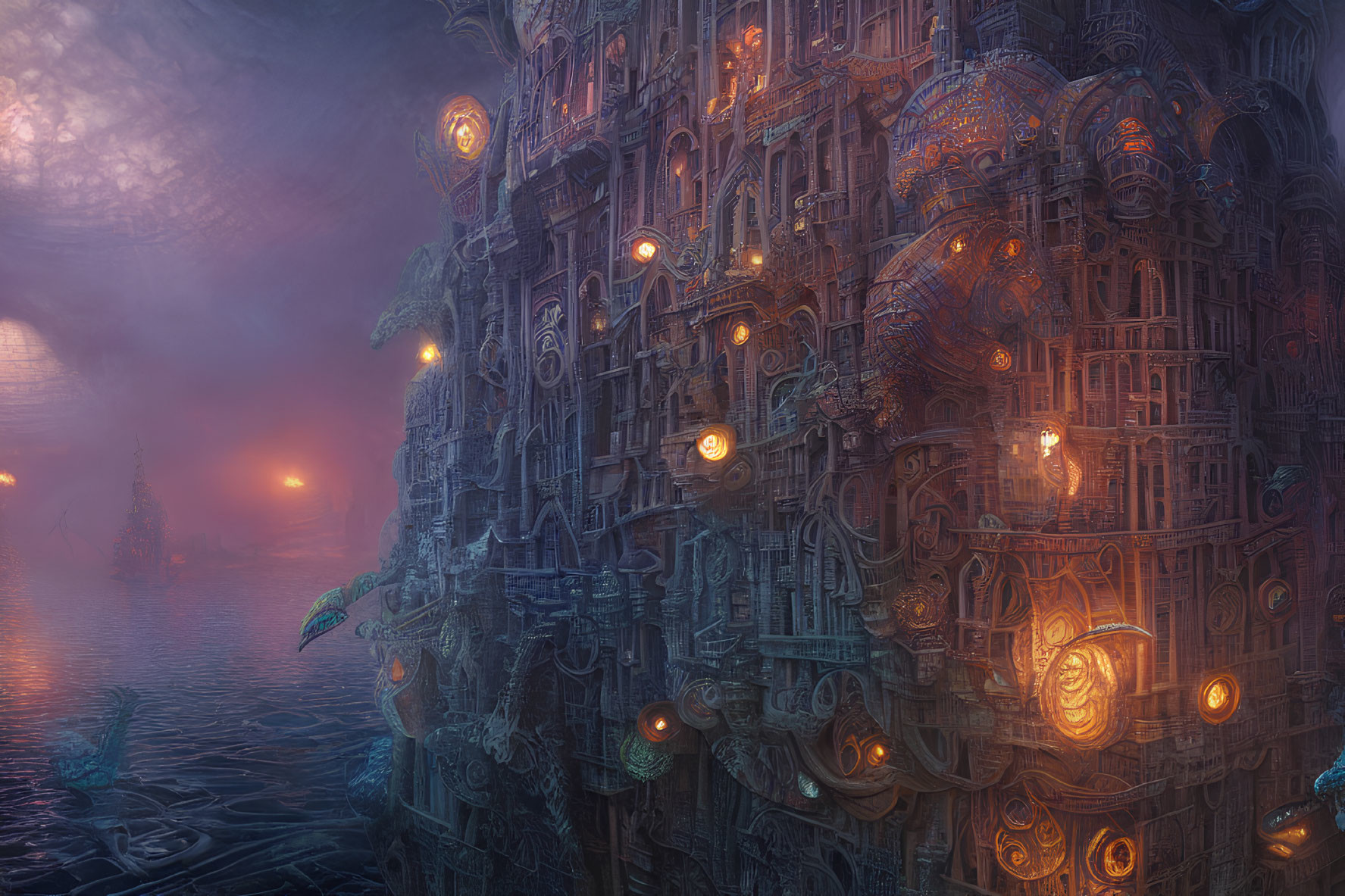 Fantastical cityscape with glowing lights and ornate architecture