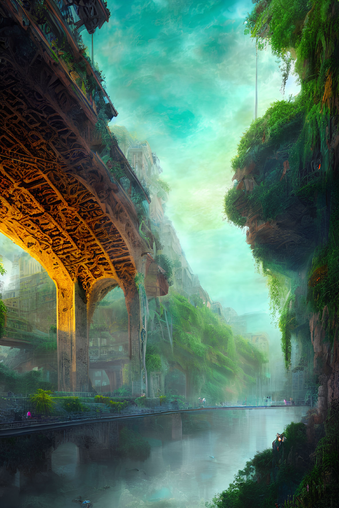 Ethereal cityscape with ornate bridge and lush greenery