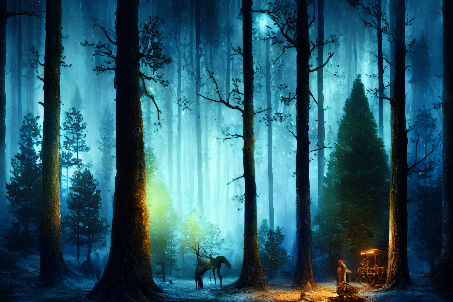 Mystical Forest Scene: Horse, Cabin, Beams of Light