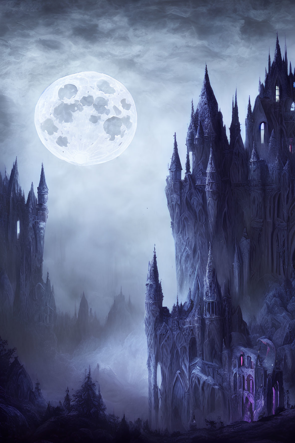 Gothic castle under large full moon in misty, purple landscape