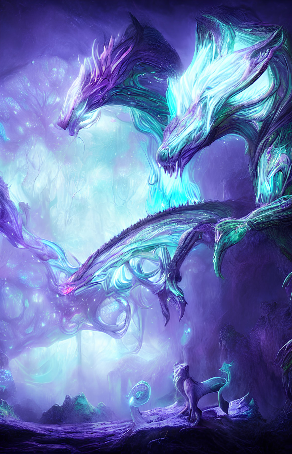 Luminescent dragons in mystical purple and blue flora landscape