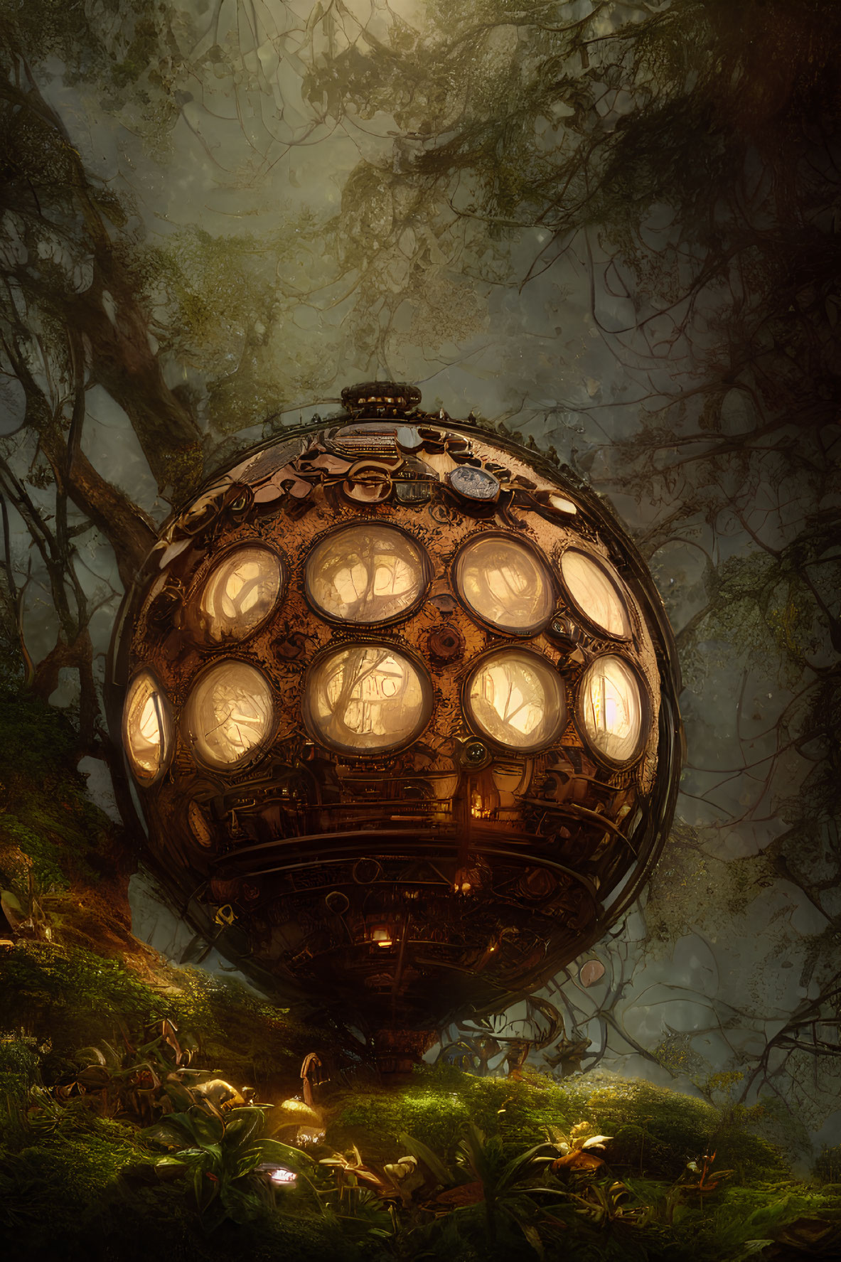 Spherical steampunk airship in forest clearing with glowing windows