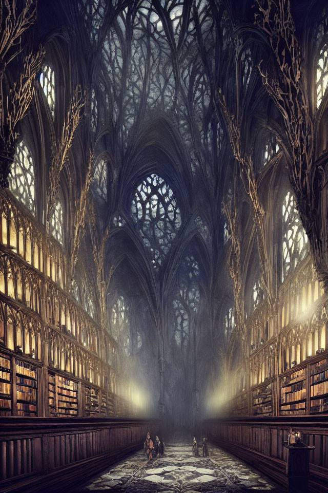 Majestic Gothic library with towering bookshelves and arched windows