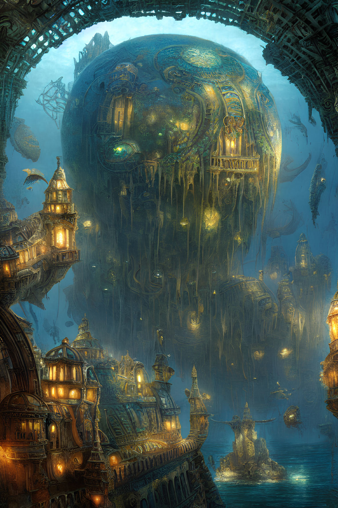 Ethereal underwater city with ornate buildings and glowing lights