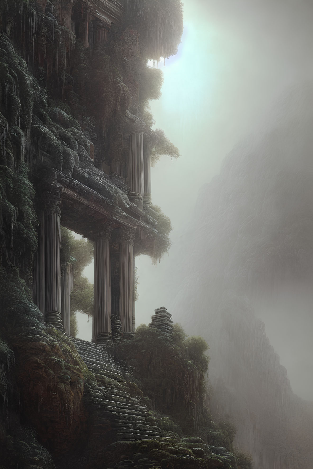 Ancient ruins with towering columns on foggy cliffside