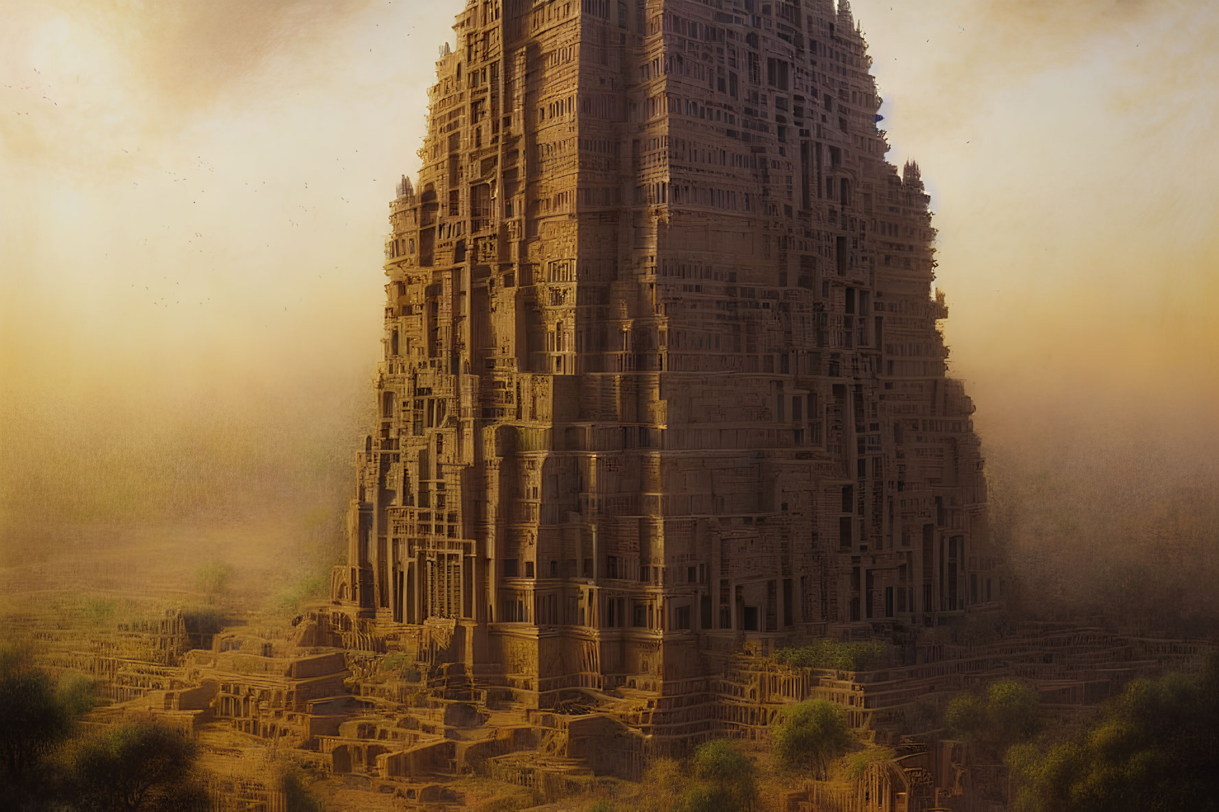 Ancient temple with intricate carvings in dusty landscape