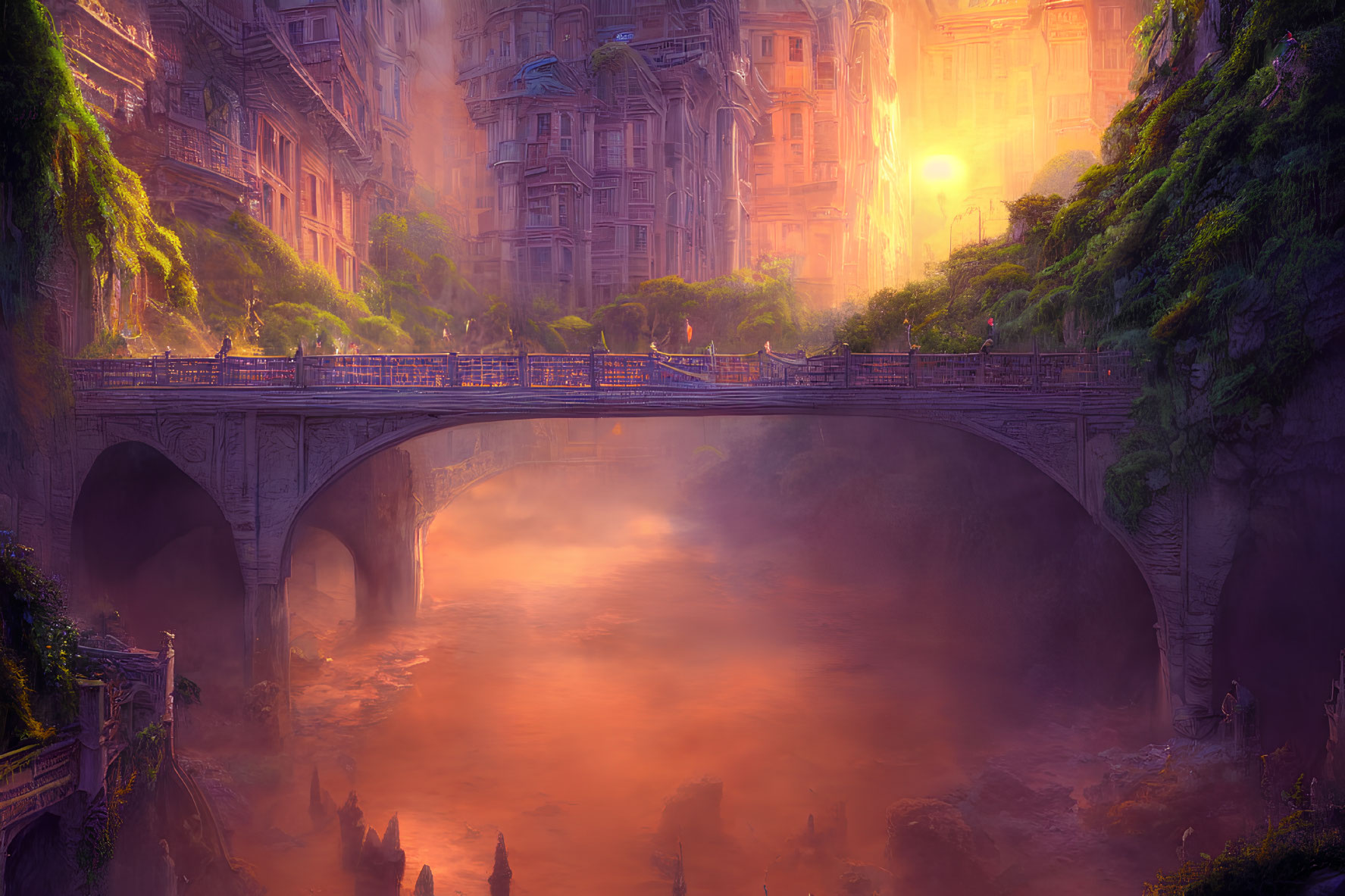 Fantasy cityscape with stone bridge, misty river, lush vegetation, and ornate buildings at