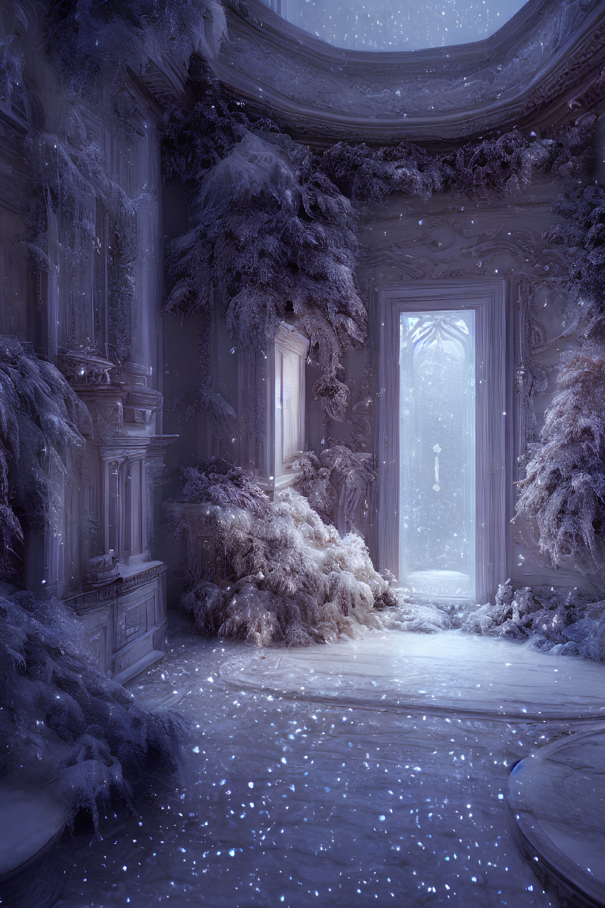 Snow-covered trees and glowing icy doorway in grand ornate room