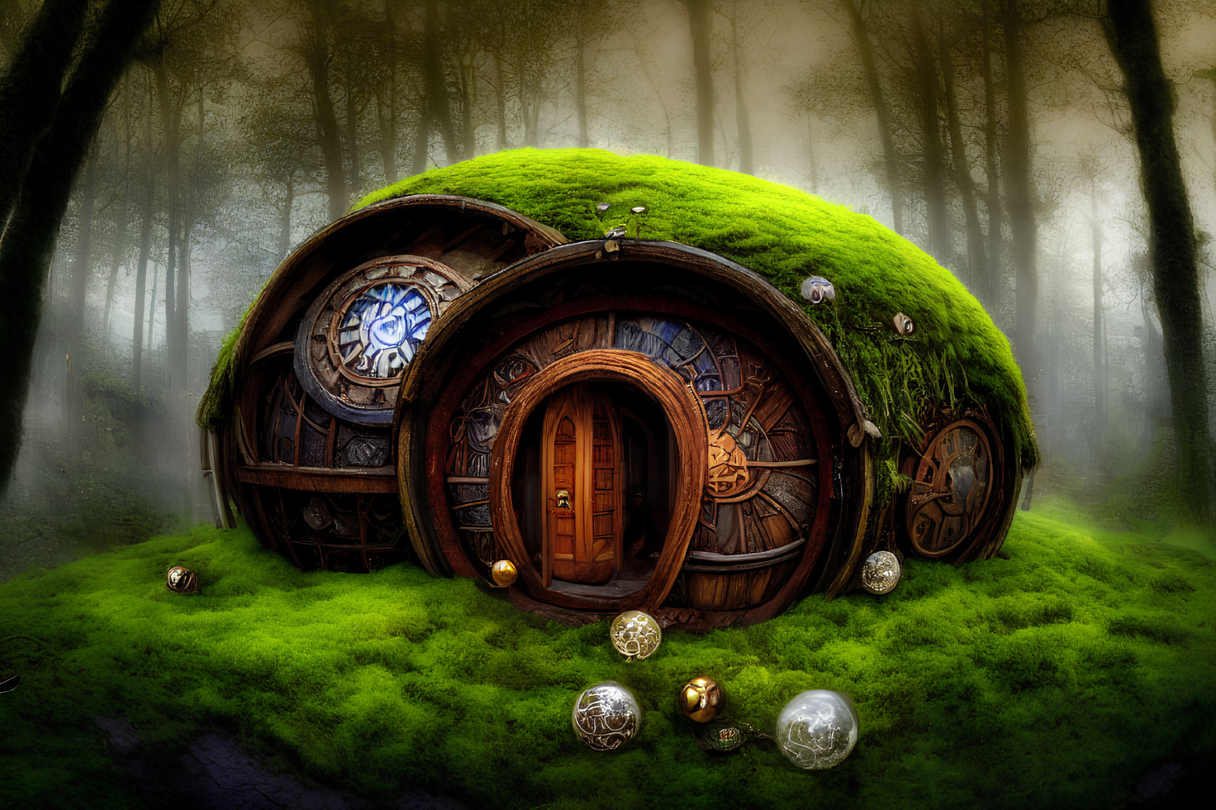 Enchanting hobbit house in foggy forest with round door