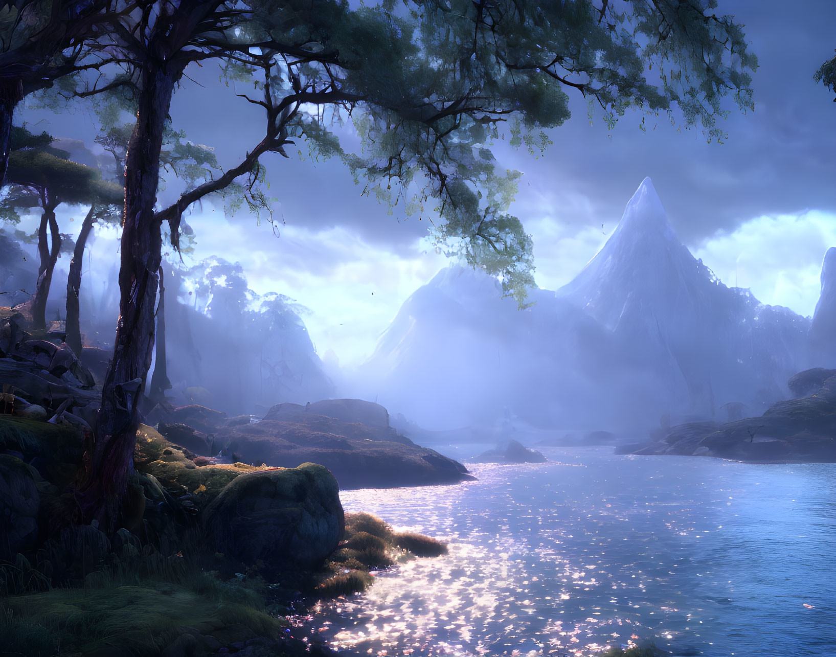 Tranquil landscape with tree, water, mountains, and sky