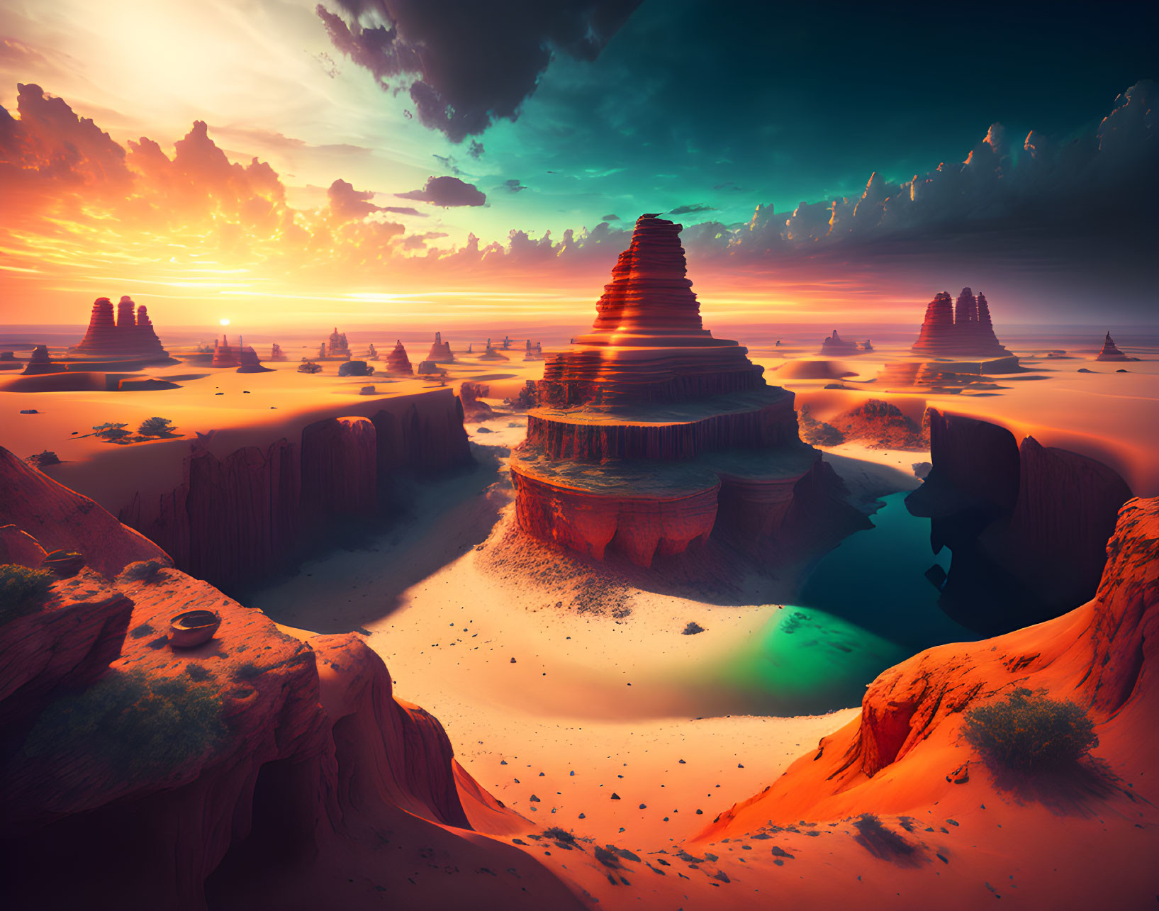 Tranquil desert sunset digital art with rock formations & colorful skies