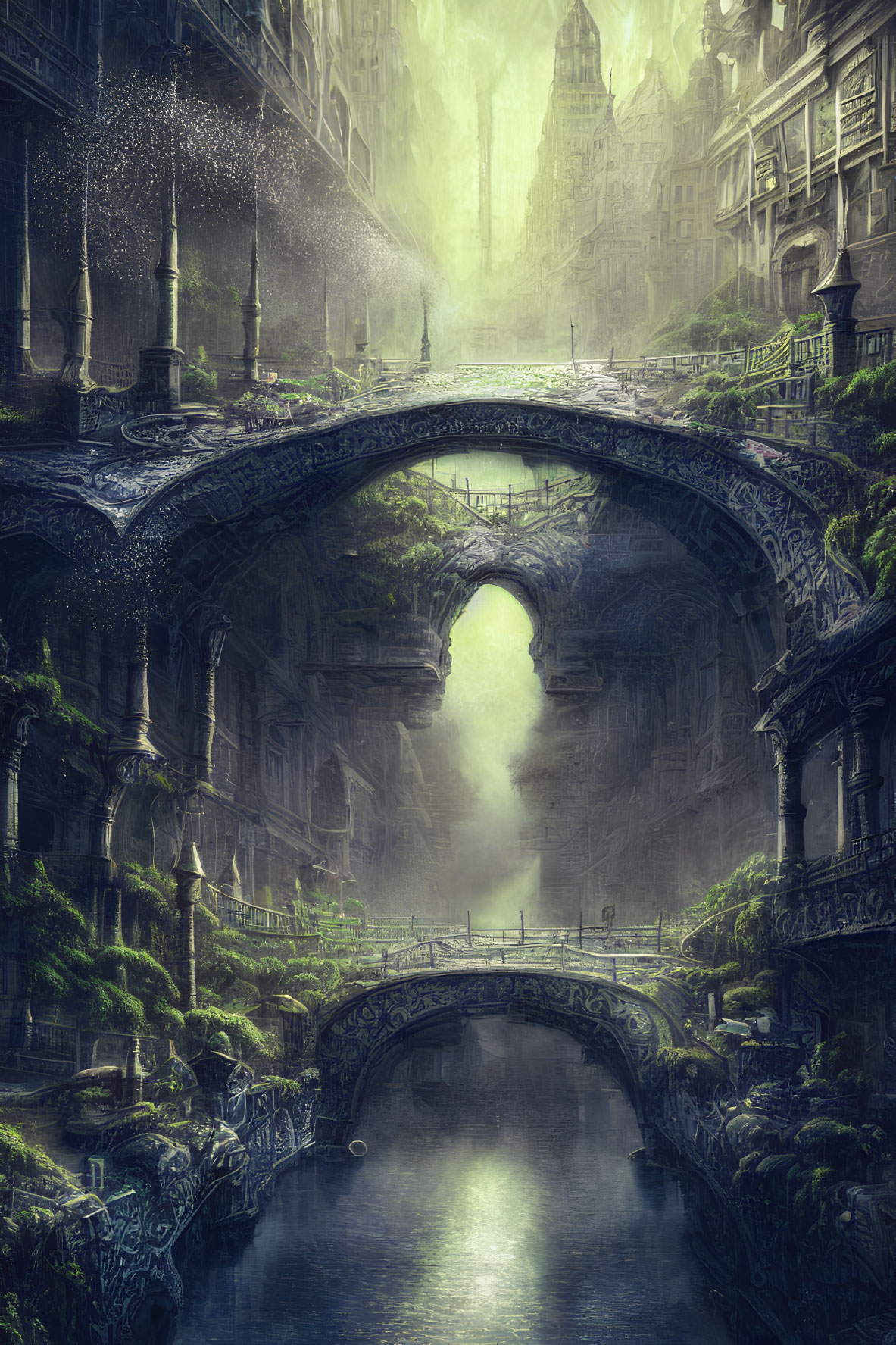 Fantasy cityscape with intricate bridges over misty canal