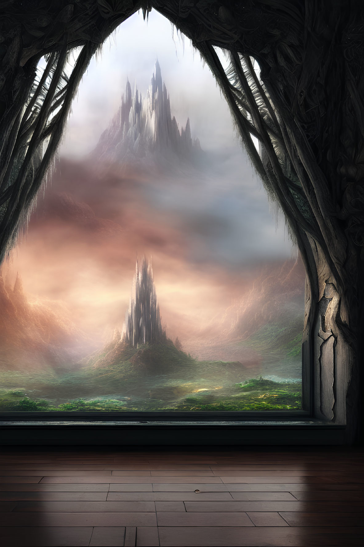 Gothic window reveals mystical landscape with towering rock spires