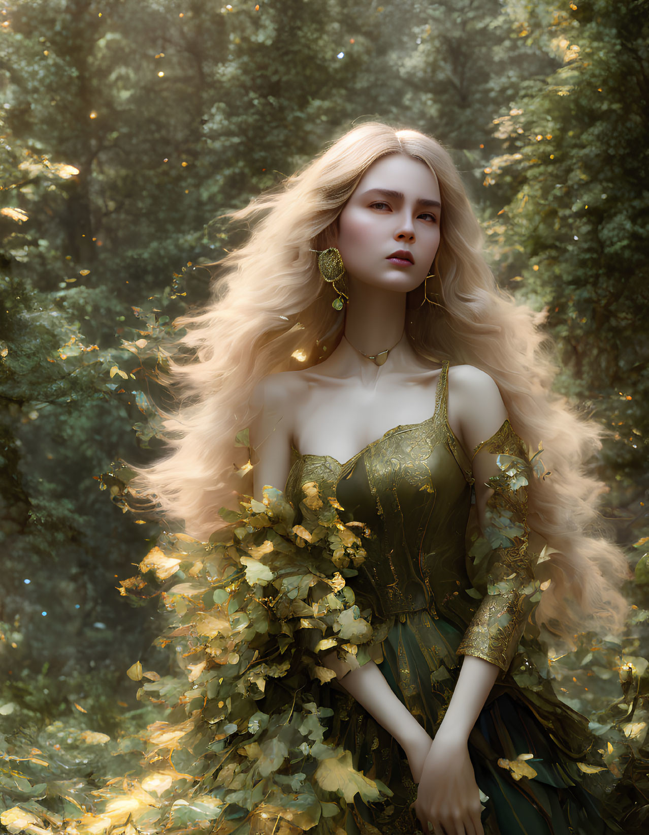 Blond woman in green leaf dress in mystical forest