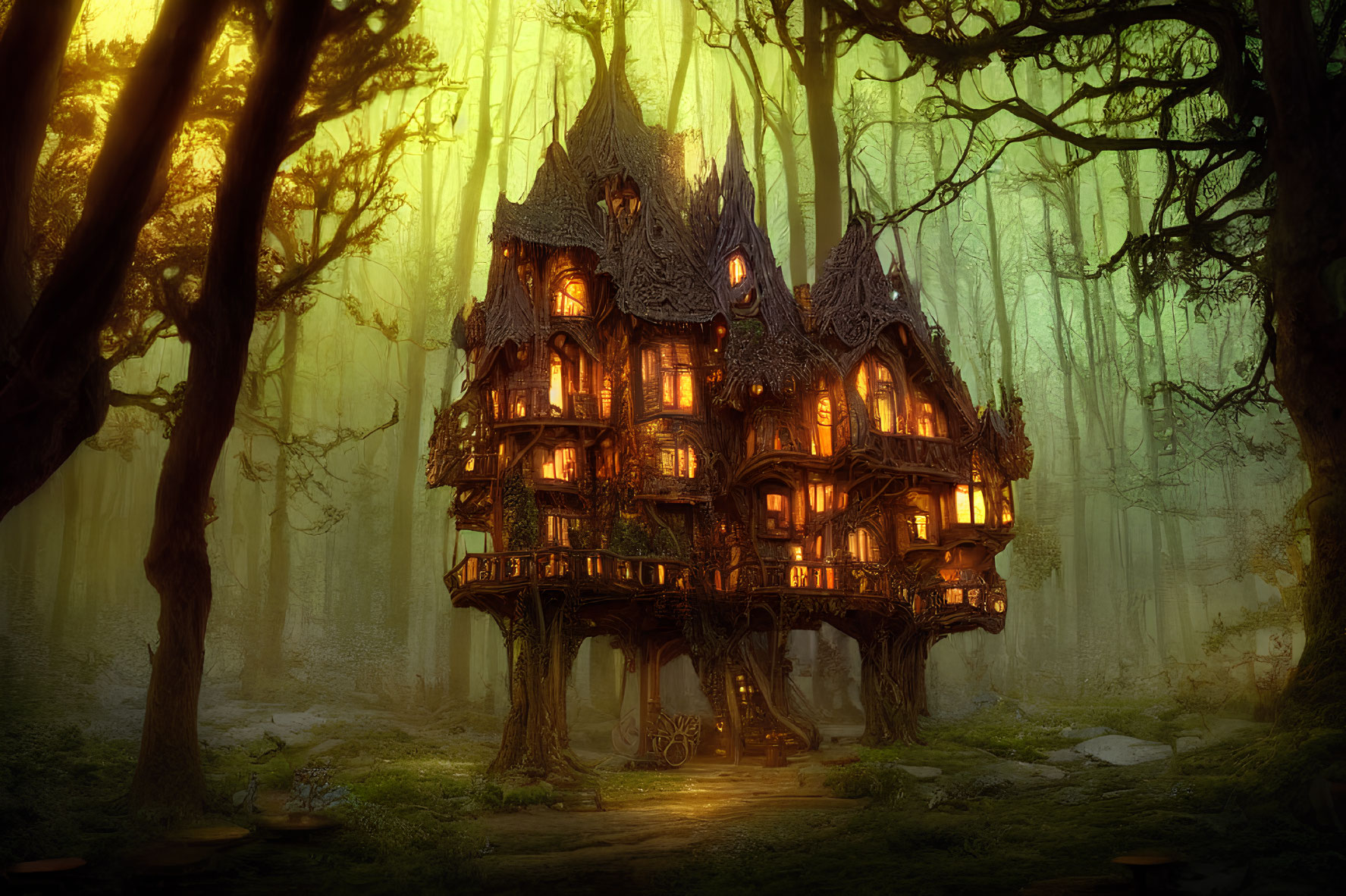 Magical multi-story treehouse in misty forest setting