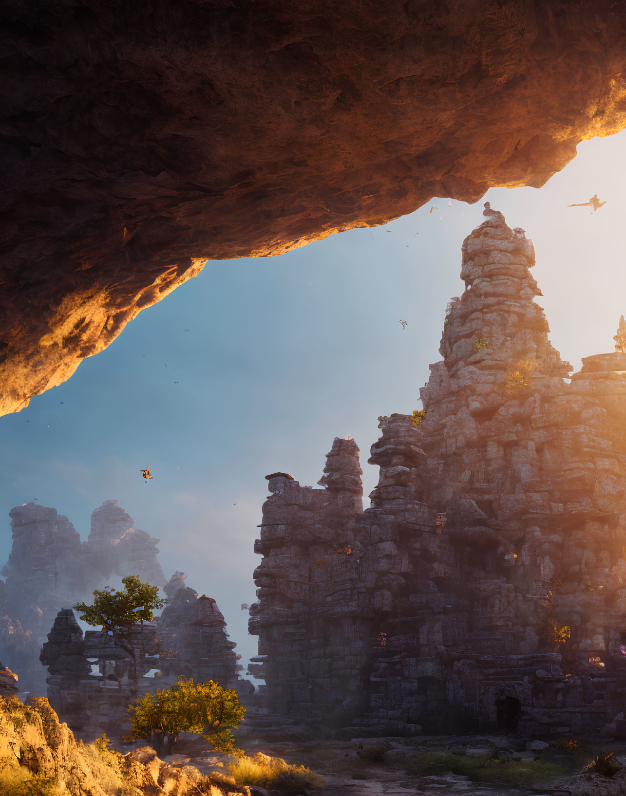 Ethereal landscape with towering rock formations and sunlight filtering in