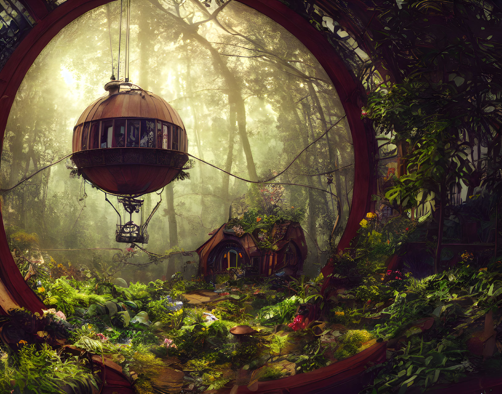 Fantastical forest scene with airship above whimsical cottage