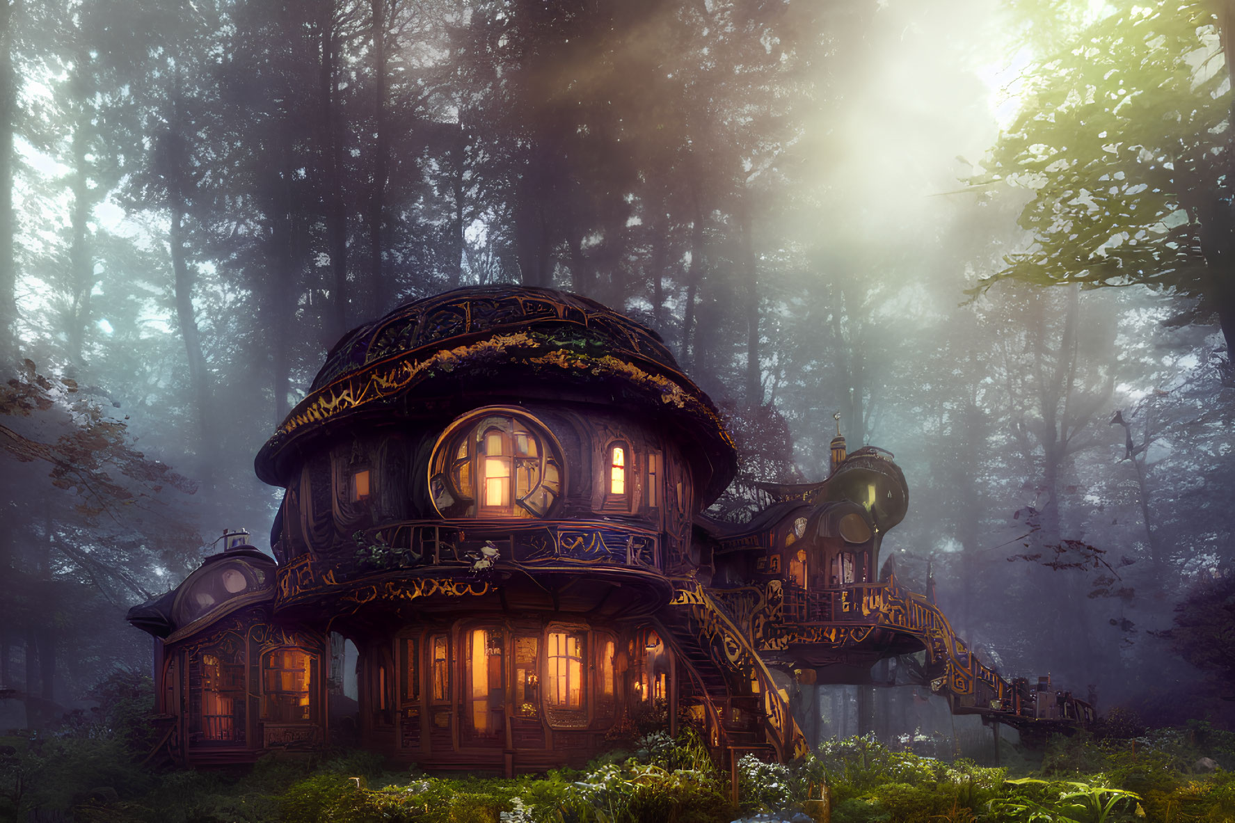 Intricate Multi-Level Treehouse in Mystical Forest