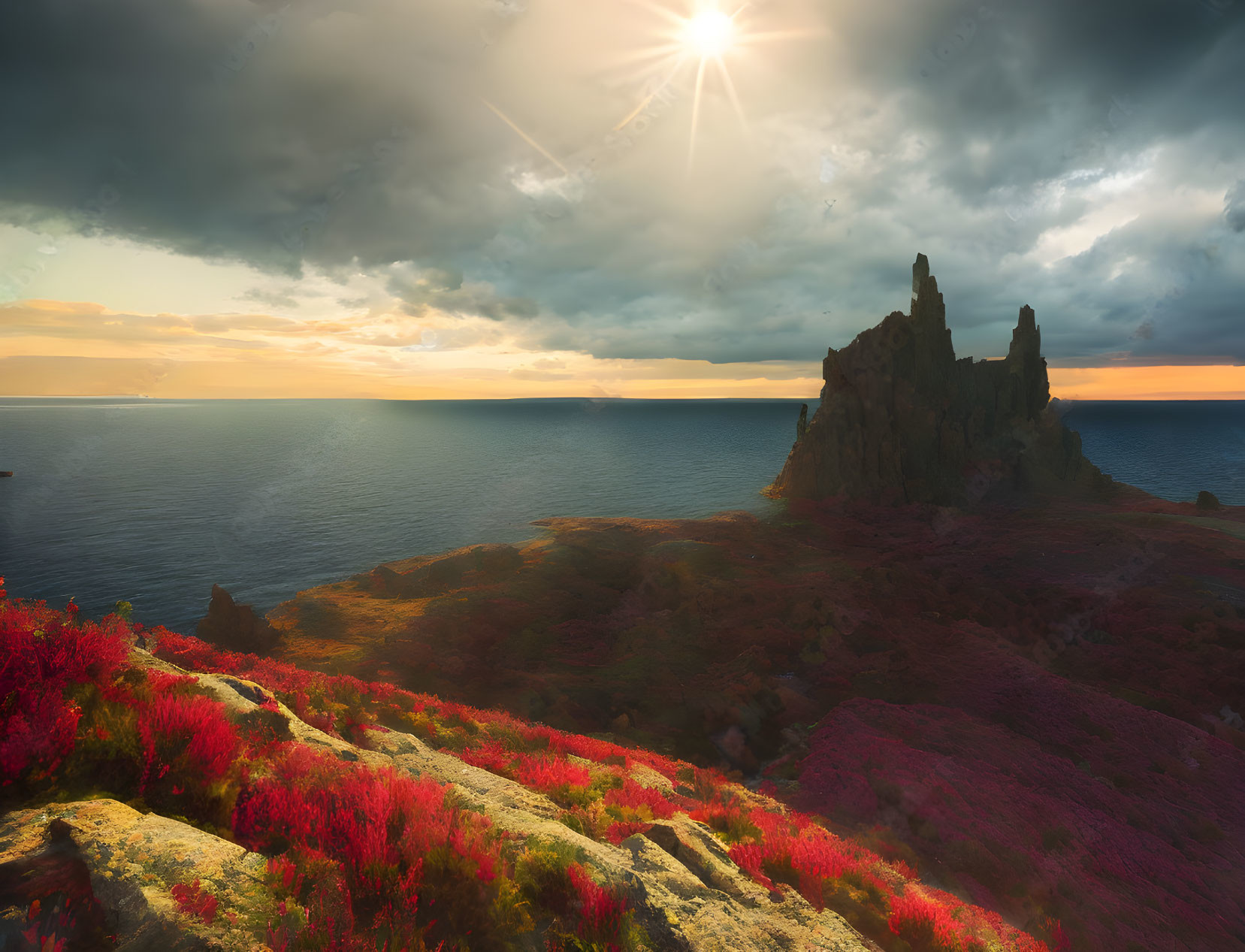 Dramatic coastline with rocky cliffs, red foliage, and sunset sky over ocean