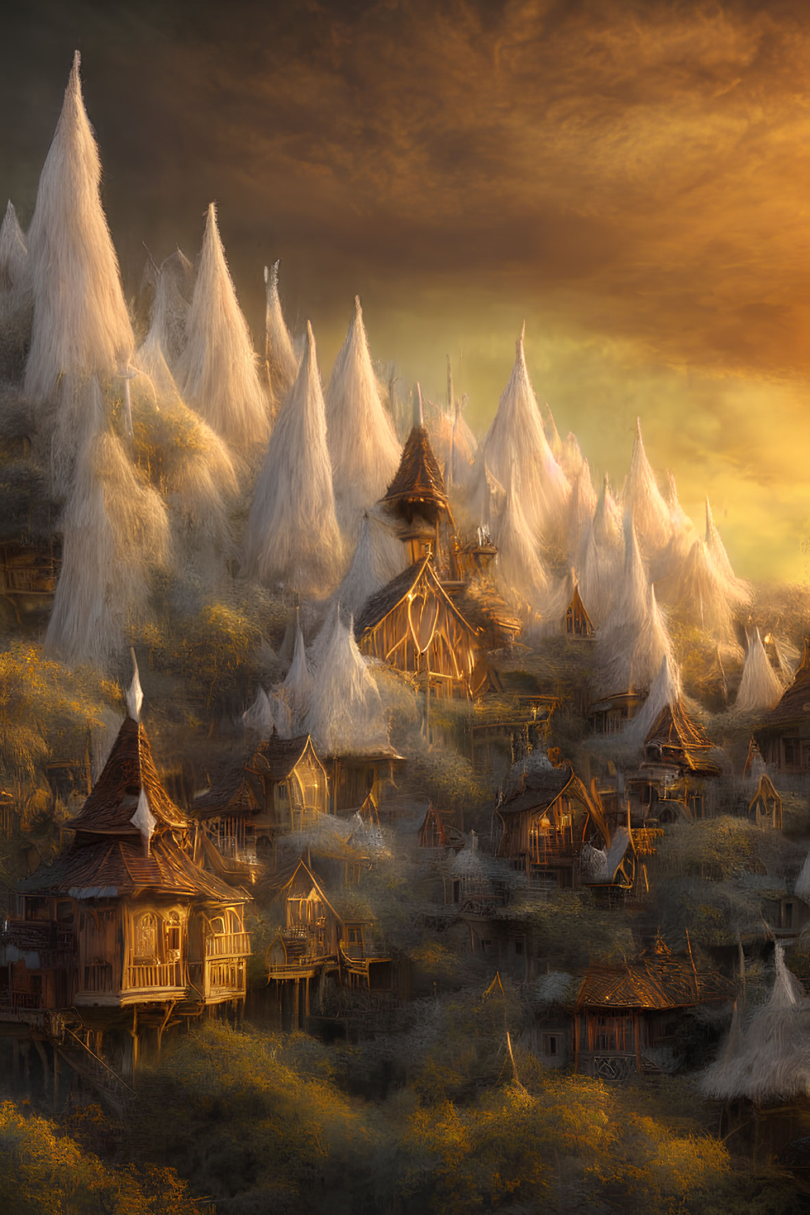 Enchanted village with pointed-roof houses in forest at sunset