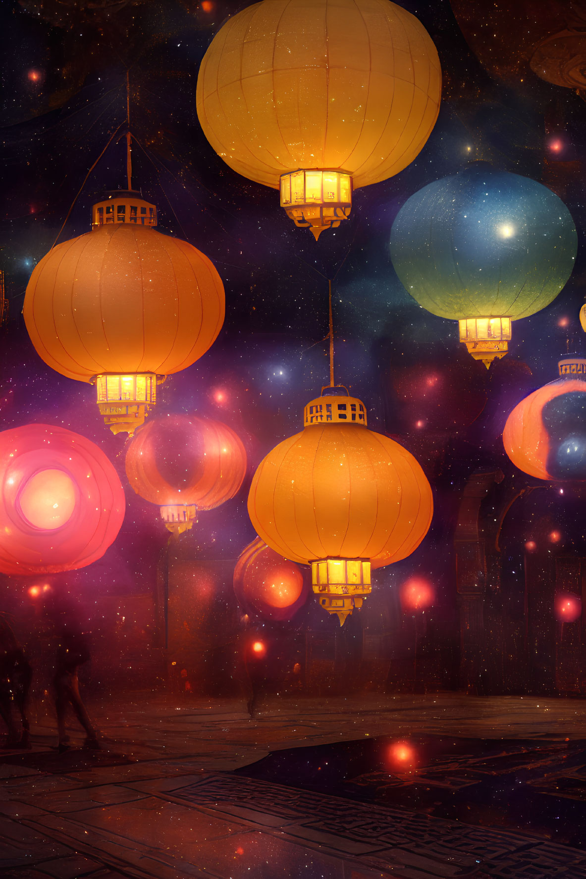 Colorful Lanterns Float Above Crowded Night Scene