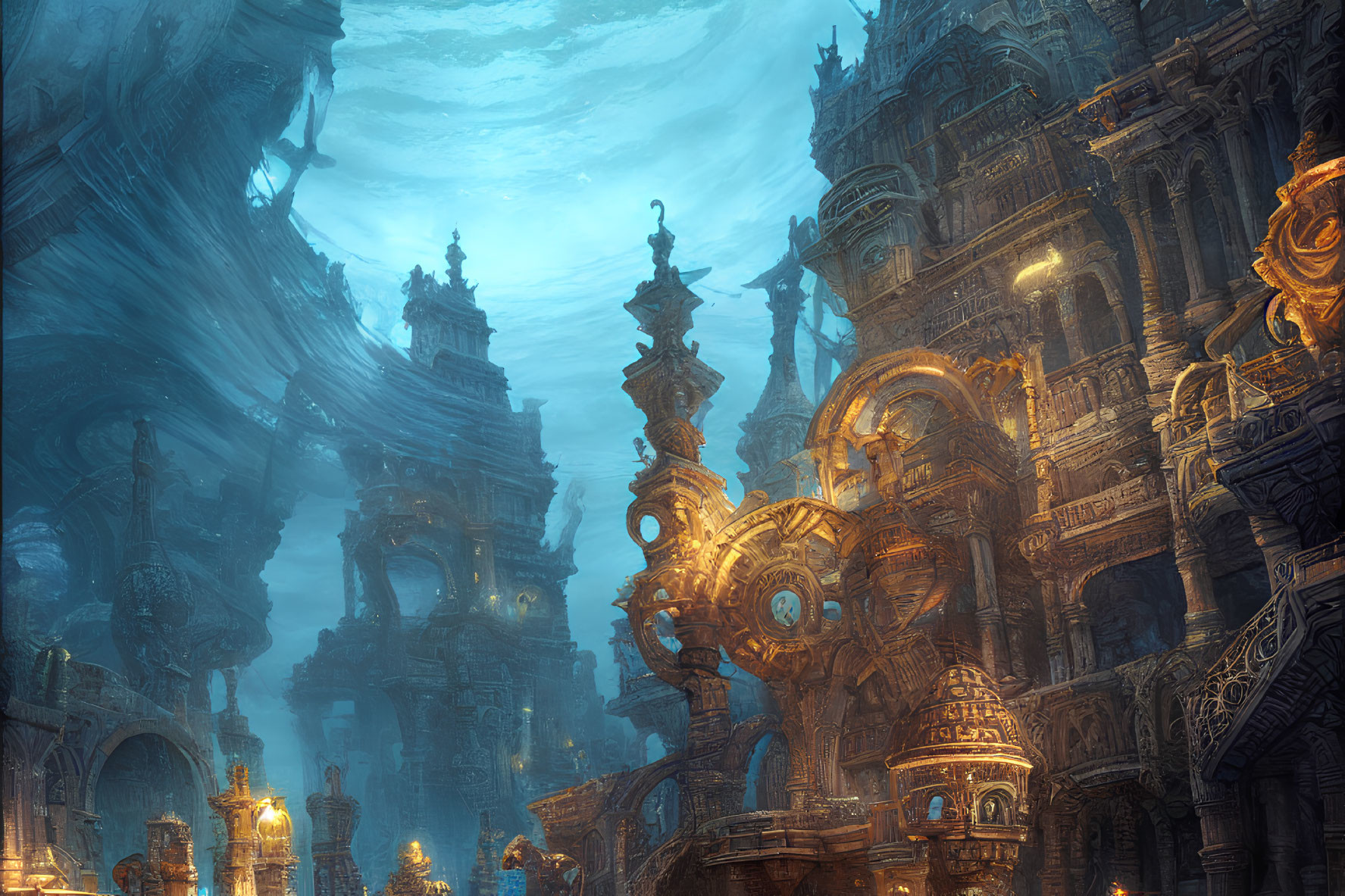 Fantasy underwater city with golden embellishments and blue glow