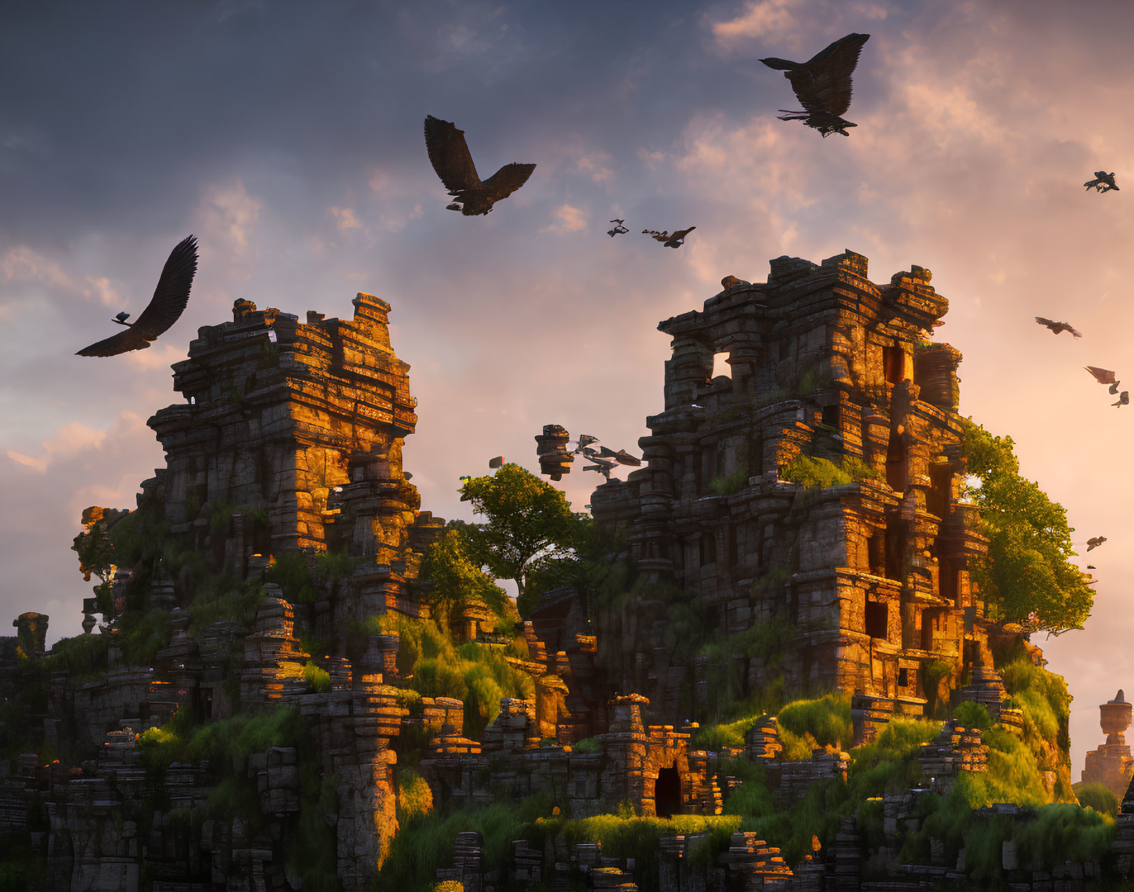 Dramatic sunset scene over ancient ruins with vegetation and flying birds